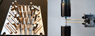 Pièces sur plateau et exemple d'essai en fabrication additive