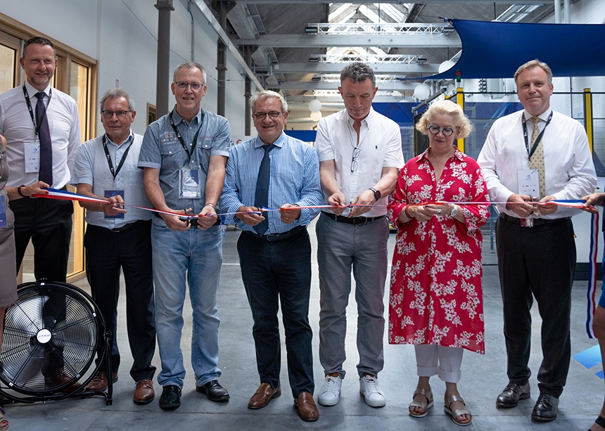 Laurent Minnig, Cetim ; Alain Bohrer, président du Cetim Grand Est ; Laurent Riche, vice-président de m2A ; Alain Charrier, sous-préfet de Mulhouse ; Franck Leroy, président de la région Grand Est ; Michèle Lutz, maire de Mulhouse ; Daniel Richet, directeur général du Cetim