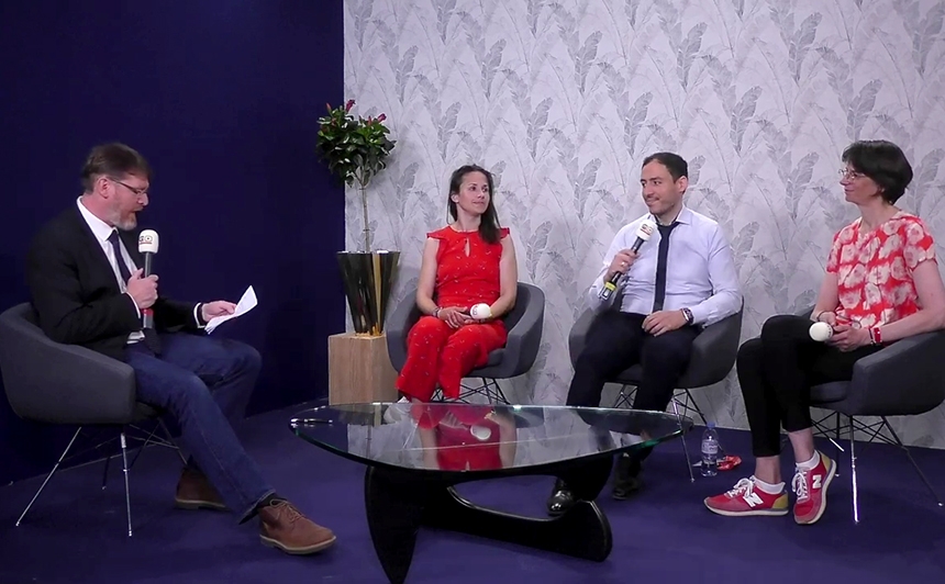 Isabelle Duret, Malek Fiouane et Anaïs Voy-Gillis, sur le salon Global Industrie, lors de la première émission le 17 mai 2022.