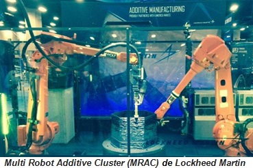 Multi Robot Additive Cluster (MRAC) de Lockheed Martin avec fabrication additive (droite) et soustractive (gauche) simultanées par deux robots